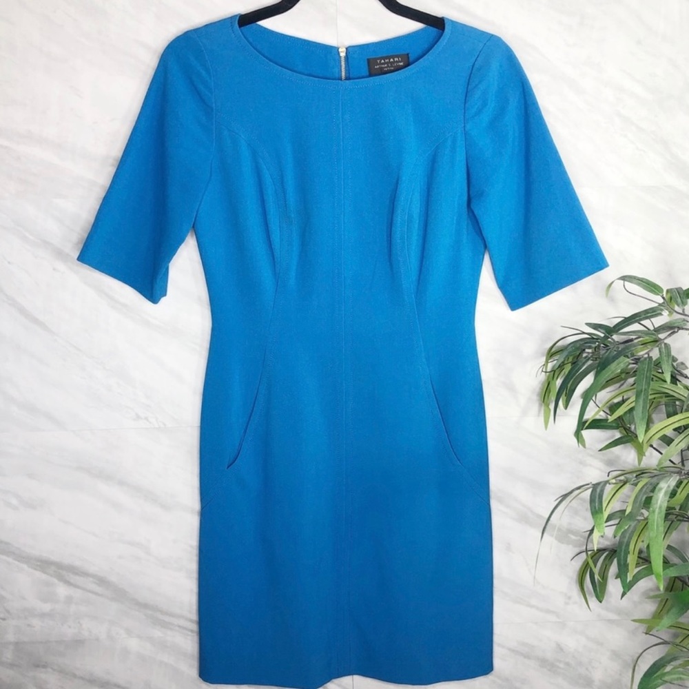 Tahari Arthur S. Levine Blue Midi Petite Dress 0
